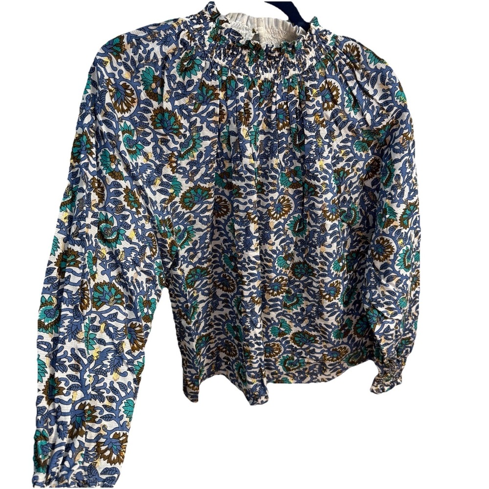 Oliphant Floral Print Smocked Neck Long Sleeve Tunic in Blue, Green, Gold - Picture 2 of 11